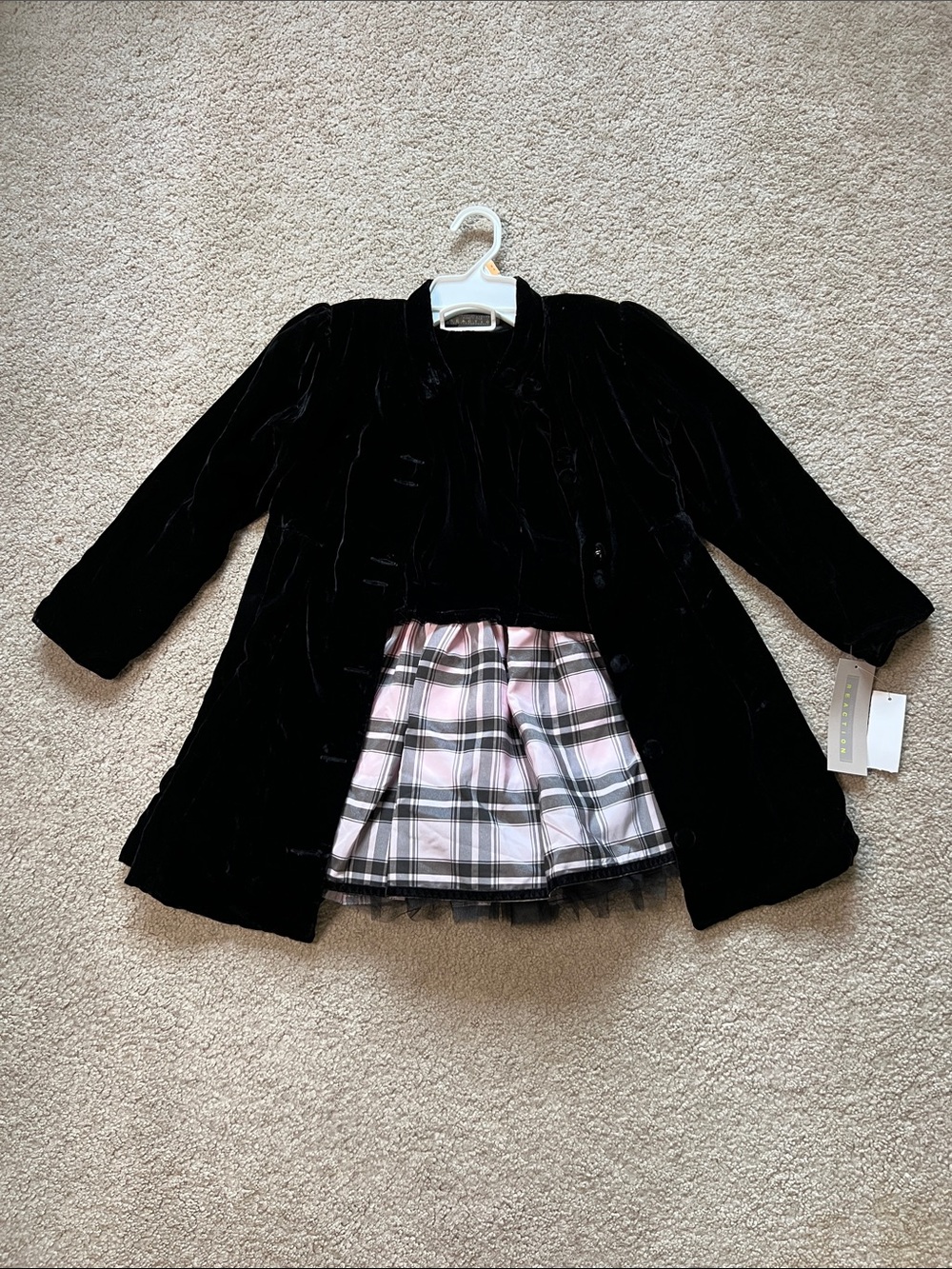 Kenneth Cole Reaction Black Velvet Coat with Pink Plaid Skirt Insert size 6X